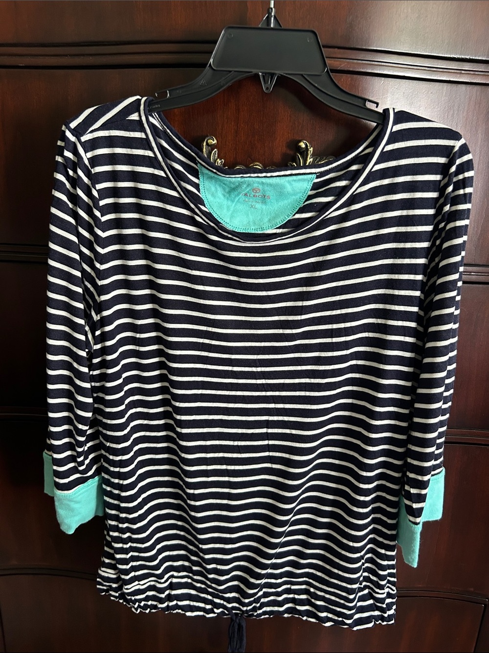 Talbots Navy and White Striped Long Sleeve Top with Mint Accents